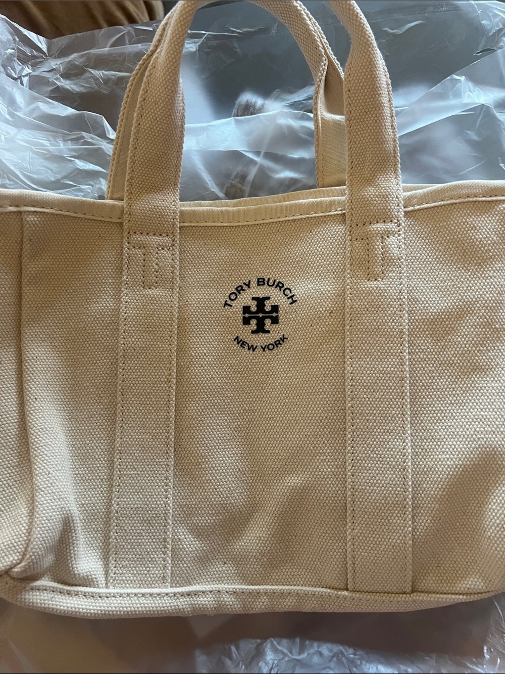 New in package Tory Burch Beige Canvas Tote with Logo